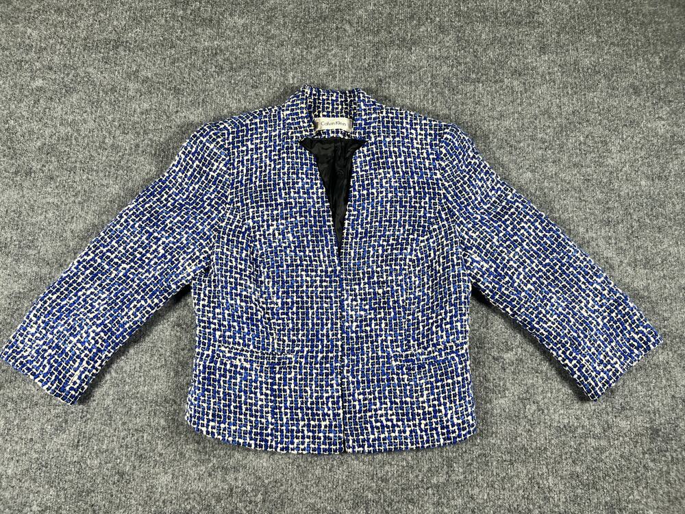 Calvin Klein Womens Blue White Boucle Tweed Jacket Blazer 3/4 Sleeve, Small